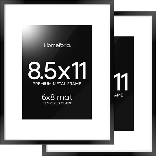 Homeforia Black Picture Frame 8.5 x 11, High End Metal 8.5x11 Poster Frames with Mat 6x8 Photo, 8.5 x 11 Frame Matted to 6 by 8 Art, 8.5by11 Wall or Tabletop Frames, Tempered Glass, Wall Kit, Set of 2