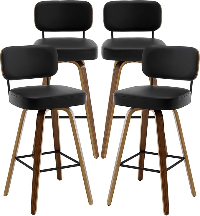 Swivel Bar Stools Set of 4, 29" Upholstered Faux Leather Barstools with Back and Bent Wood Legs, Mid Century Modern Bar Chair Island Stool for Kitchen Counter, Black