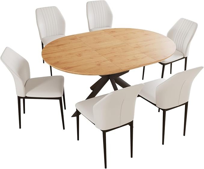 43.2"-59.1" Extendable Round Dining Table Set, Kitchen Table for 4-6 Person with Scratch-Resistant Thickened MDF Board, Oak Coffee Table w/Metal Legs