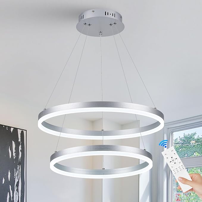 2-Rings Modern LED Chandelier Silver for Dining Room, Circular Flush Mount Ceiling Chandelier Light Dimmable Pendant Light with Remote Control for Living Room Entrance Foyer, 3000K-6500K