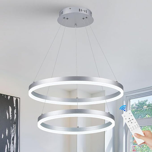 2-Rings Modern LED Chandelier Silver for Dining Room, Circular Flush Mount Ceiling Chandelier Light Dimmable Pendant Light with Remote Control for Living Room Entrance Foyer, 3000K-6500K