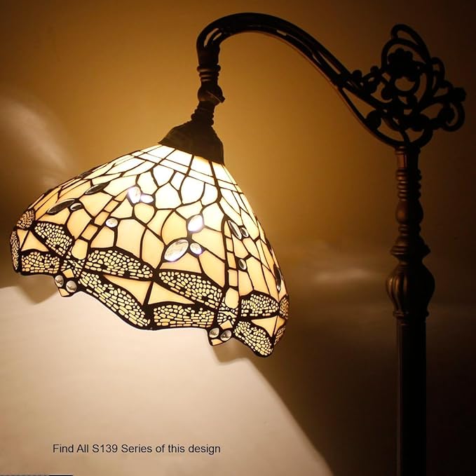 WERFACTORY Tiffany Floor Lamp Cream Stained Glass Dragonfly Arched Lamp 12X18X64 Inches Gooseneck Adjustable Corner Standing Reading Light Decor Bedroom Living Room S139 Series