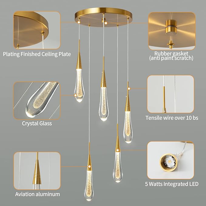 LMQNINE Kitchen Light Fixtures Ceiling Dimmable LED Modern Gold Pendant Light Mini Teardrop Crystal Pendant Light for Kitchen Island Bedroom Hallway Entryway (5-Light)