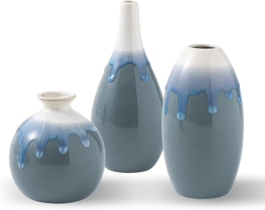 Ceramic Vase Set of 3, Farmhouse Decor, Home Decorative Vases for Kitchen, Bedroom, Office, Living Room, Bathroom, Shelf Centerpiece Table, Terracotta Pottery Vases Set Gift Blue