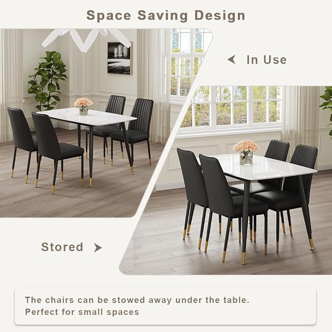 50" White Marble Dining Table Set for 4 - Sintered Stone Tabletop & 4 Upholstered PU Leather Chairs - Modern Dining Room Set for Small Spaces (1 White Table + 4 Black Chairs)