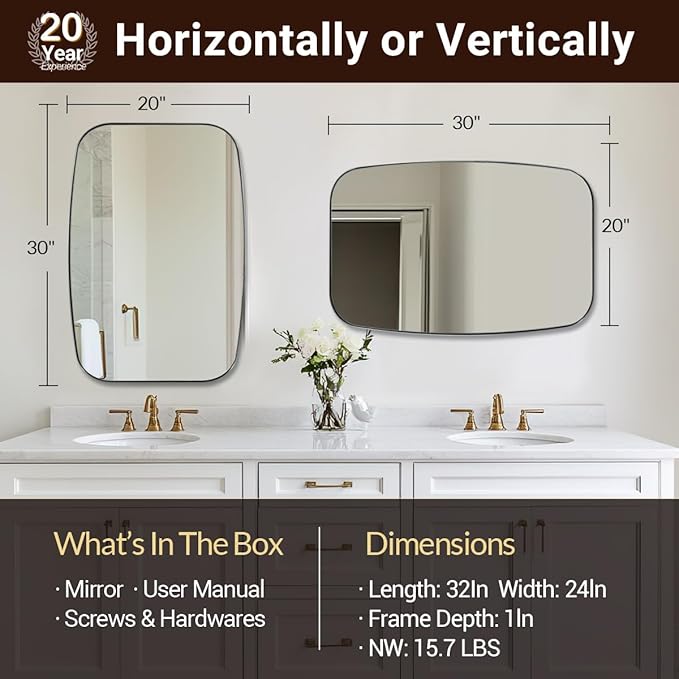 ANDY STAR Brushed Nickel Bathroom Mirror, 20x30’’ Oval Mirror for Bathroom, Brushed Nickel Oblong Mirror with Metal Frame Wall Mounted for Living Room, Bedroom