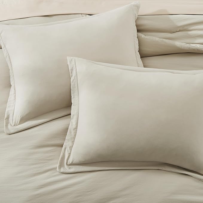 WRENSONGE Full Size Comforter Sets- 7 Pieces Soft Light Oatmeal Bed in a Bag with Fitted Sheet, Flat Sheet, 2 Pillow Shams, 2 Pillowcases, Warm Bedding Sets for All Season