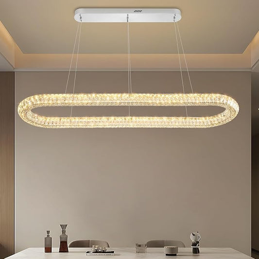 Oval Crystal Chandelier, 55'' Chrome Crystal Ring Pendant Light for Kitchen Island Modern Linear Oval Chandeliers for Dining Room Dimmable 3000K-6000K