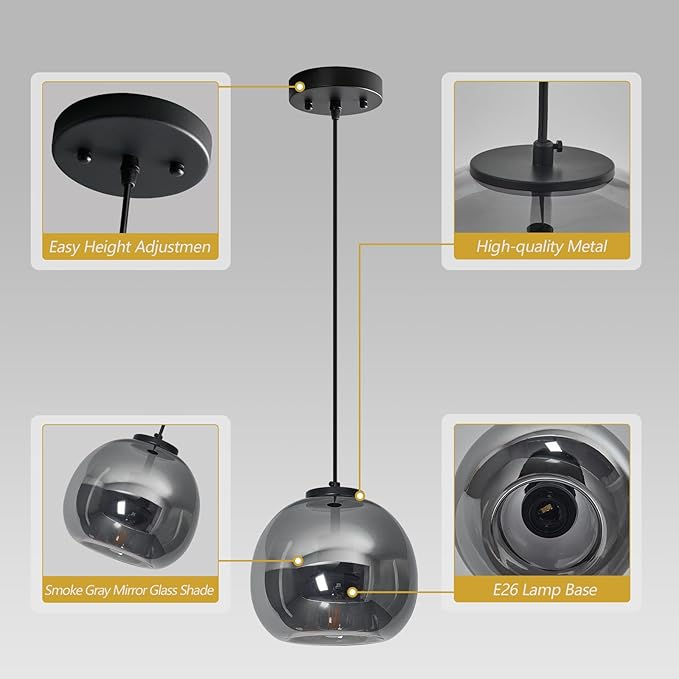 Mirror Smoke Gray Glass Pendant Lights Kitchen Island 3 Pack 7.87" Glass Globe Pendant Light Black Hanging Light Fixture Modern Pendant Lighting for Kitchen Island Bedroom Dining Room