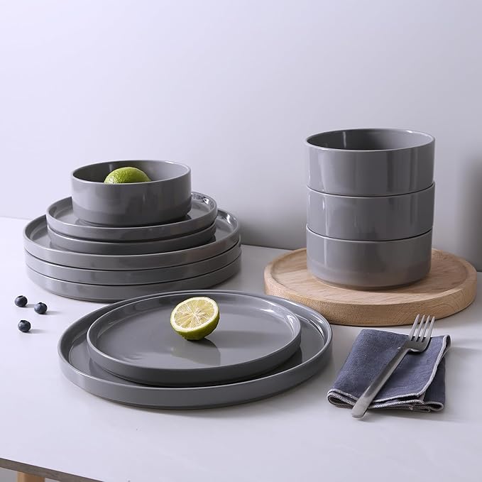 Famiware Nebula Plates and Bowls Set, 24 Pieces Dinnerware Sets, Dishes Set for 8, Dark Gray