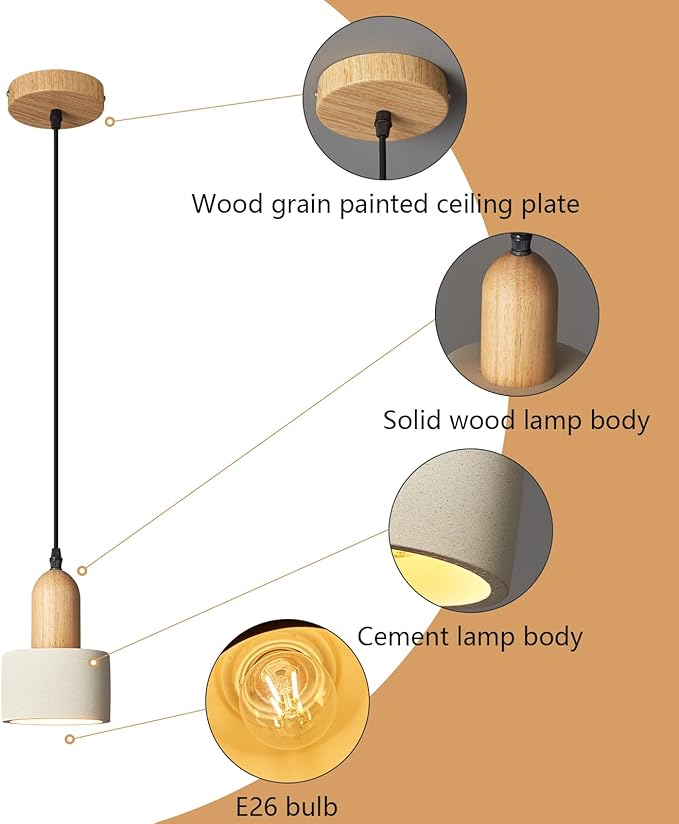 Modern Cement Pendant Lights White Chandelier Wooden Ceiling Lamps for Kitchen Island Bedroom Dining Room Living Room bar（2 Pack）
