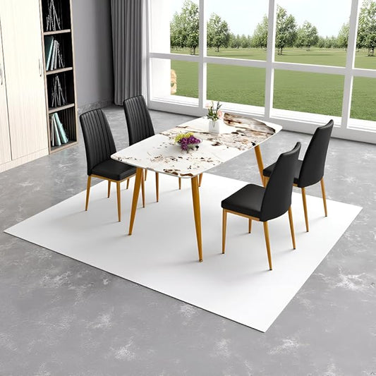 62" Marble Dining Room Table Set for 4 Rectangle Modern Dinner Table with Sintered Stone Top Golden Metal Legs for Kitchen Dining Room (62" Golden+4Black Chairs)