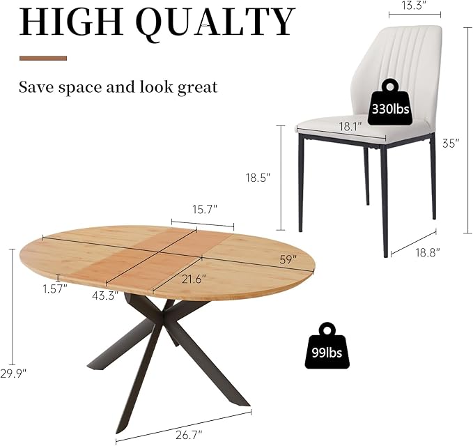 43.2"-59.1" Extendable Round Dining Table Set, Kitchen Table for 4-6 Person with Scratch-Resistant Thickened MDF Board, Oak Coffee Table w/Metal Legs