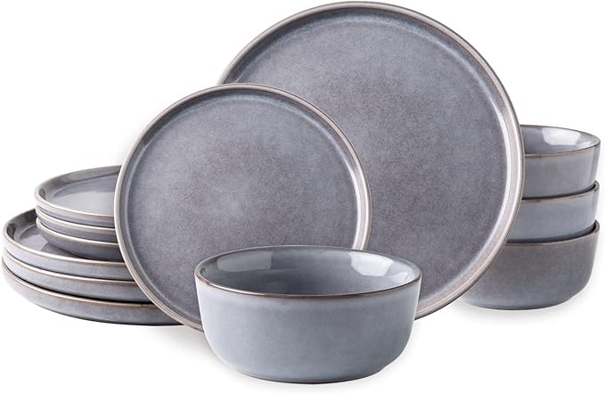 AmorArc Stoneware Dinnerware Sets,Round Reactive Glaze Ceramic Plates and Bowls Set,Highly Chip and Crack Resistant | Dishwasher & Microwave Safe Dishes,Service for 4 (12pc)