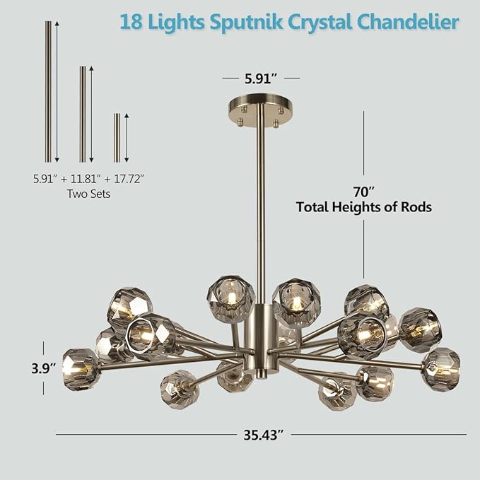 Sputnik Crystal Chandelier, 35.4" Brushed Nickel Chandelier for Dining Room, 18 Lights Modern Chandelier Lighting Fixture for Living Room Bedroom