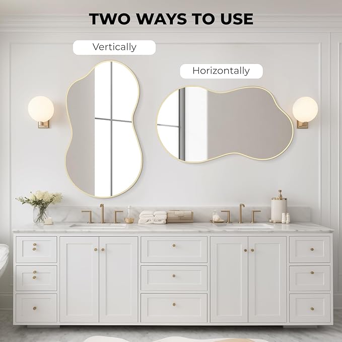 WallBeyond Gold Irregular Wall Mirror, Modern Asymmetrical Mirror with Aluminum Frame for Bedroom, Bathroom, Living Room, and Entryway 46" H x 26" W (Gold)