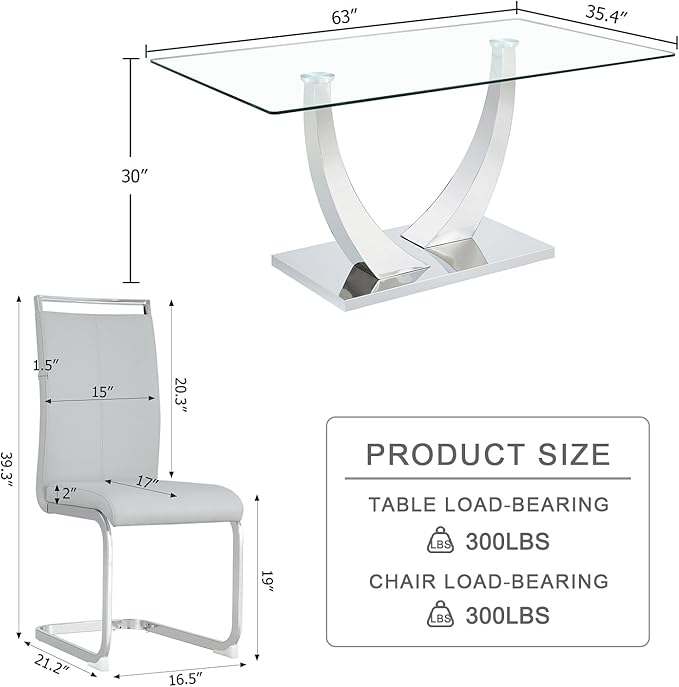 63” Glass Dining Table Set for 4,Modern Dining Room Table Set for 4, Kitchen Table and PU Leather Chairs, Dinner Table with Rectangle Tempered Glass Top and Chrome Silver Base