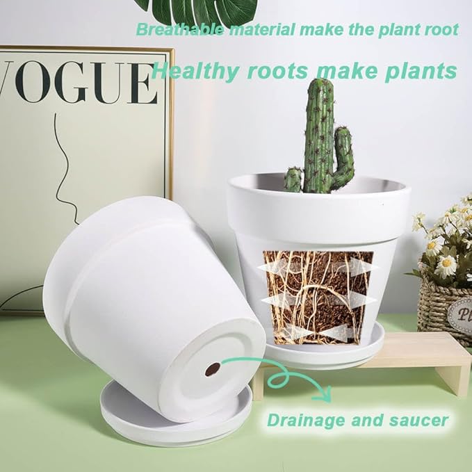 vensovo 5 Inch White Clay Pot for Plant with Saucer - 6 Pack Terra Cotta Plant Pot with Drainage Hole, Flower Pot with Tray, Terracotta Pot for Indoor Outdoor Plant