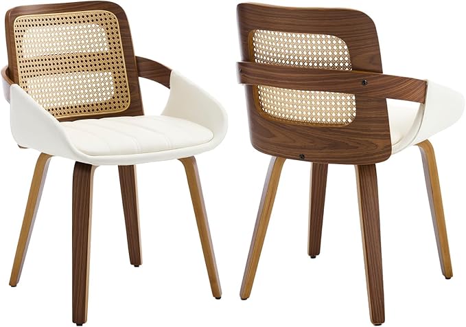 Dining Chairs Set of 2, Mid Century Modern Dining Room Chairs with Arms and Rattan Back PU Leather Upholstered Bentwood Kitchen Chairs for Home Restaurant Office - Beige