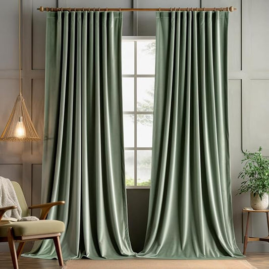 MIULEE Sage Green Velvet Curtains 108 inches 2 Panels - Pinch Pleated Luxury Room Darkening Window Drapes for Bedroom Living Room Thermal Insulated Super Soft Blackout Extra Long, Back Tab Rod Pocket