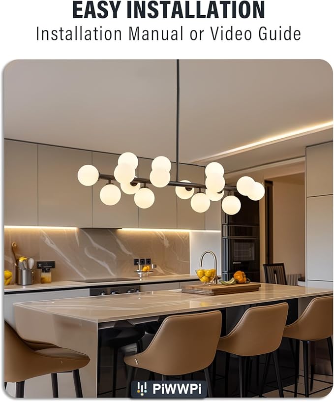 Glass Globe Sputnik Chandelier, 16-Light Mid Century Modern Light Fixture Over Table, Linear Chandeliers for Dining Room, Kitchen Island, Black and Milk White Bubble, 40 Inch, GC-02