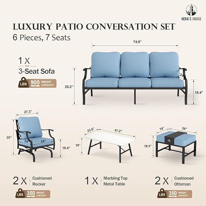 HERA'S HOUSE 6 Piece Patio Furniture Set, 2 x Rocking Cushioned Chair, 2 x Cushioned Ottoman, 1 x 3-Seat Sofa with Marbling Coffee Table, Outdoor Conversation Set for Lawn Garden Backyard, Blue