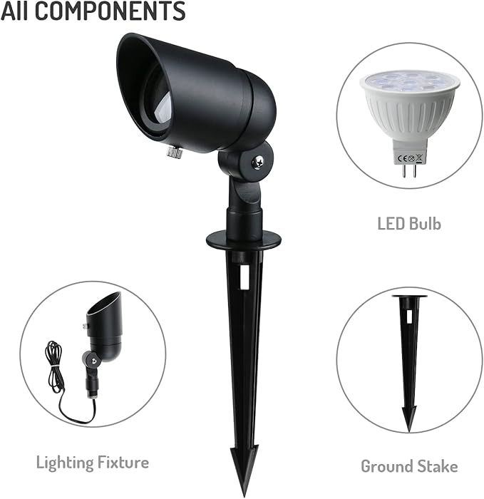 4W LED Landscape Lights Low Voltage Landscape Lighting Spotlights GL103-BKLED8 AC/DC 12V Warm White Waterproof for Driveway,Yard, Lawn,Patio,Walls,Trees,Flags,Outdoor Light (Black, 8 Pack)