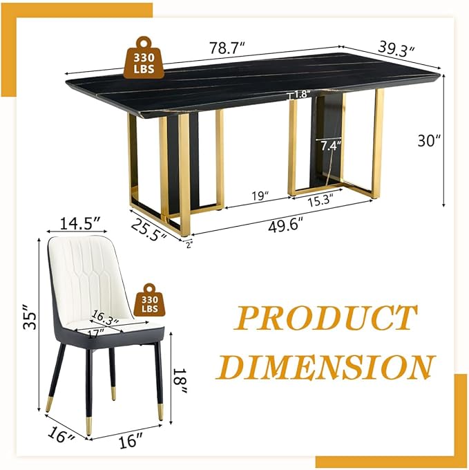 TesNus 79" Black Dining Table Set for 10 with Chairs,Large Faux Marble Kitchen Table and Chairs Set Rectangular 11 Piece Dining Room Set with Gold Metal Legs,Modern Design,Easy Assemble,Stable Base