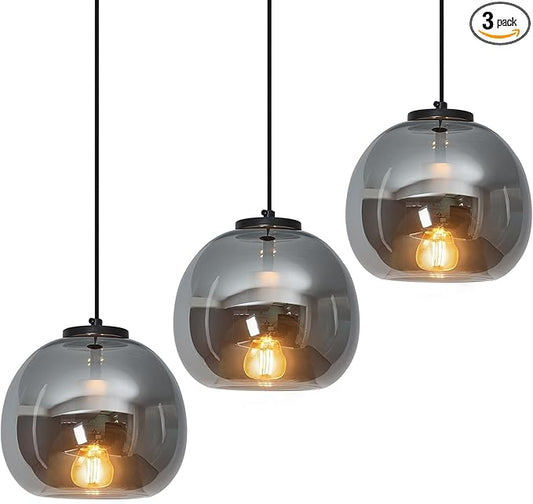 Mirror Smoke Gray Glass Pendant Lights Kitchen Island 3 Pack 7.87" Glass Globe Pendant Light Black Hanging Light Fixture Modern Pendant Lighting for Kitchen Island Bedroom Dining Room