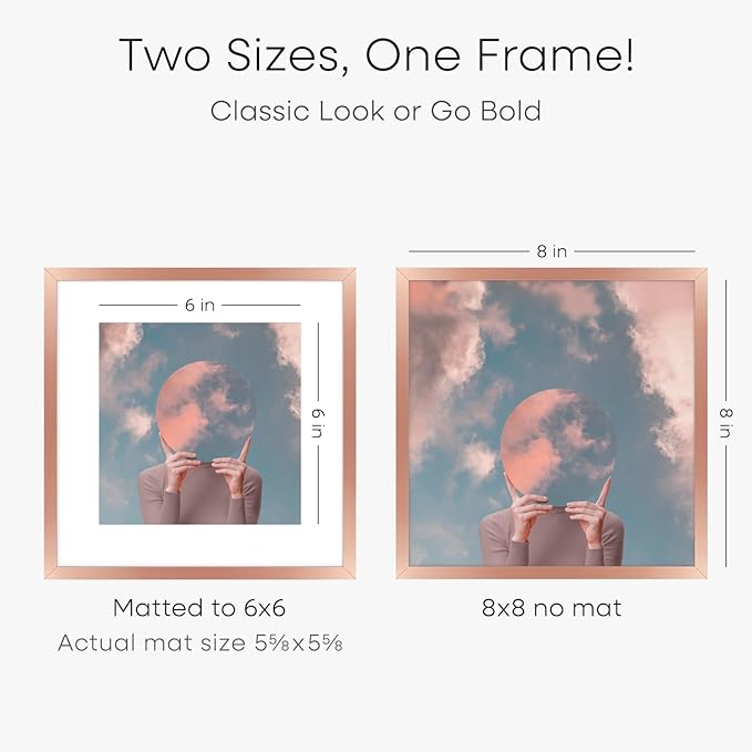 Homeforia Rose Gold Frame 8x8, High End Metal 8 x 8 Square Picture Frames with Mat 6 x 6 Art, 8x8 Photo Frame Matted to 6x6 inch Print, 8by8 Wall or Tabletop Frames, Tempered Glass, Wall Kit, Set of 2