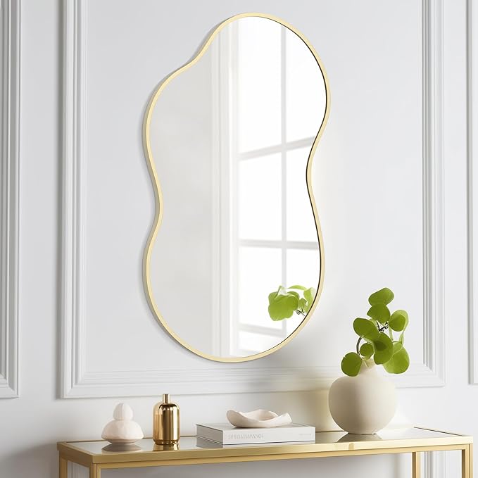 WallBeyond Gold Irregular Wall Mirror, Modern Asymmetrical Mirror Aluminum Frame for Bedroom, Bathroom, Living Room, and Entryway 36" H x 20" W (Gold)
