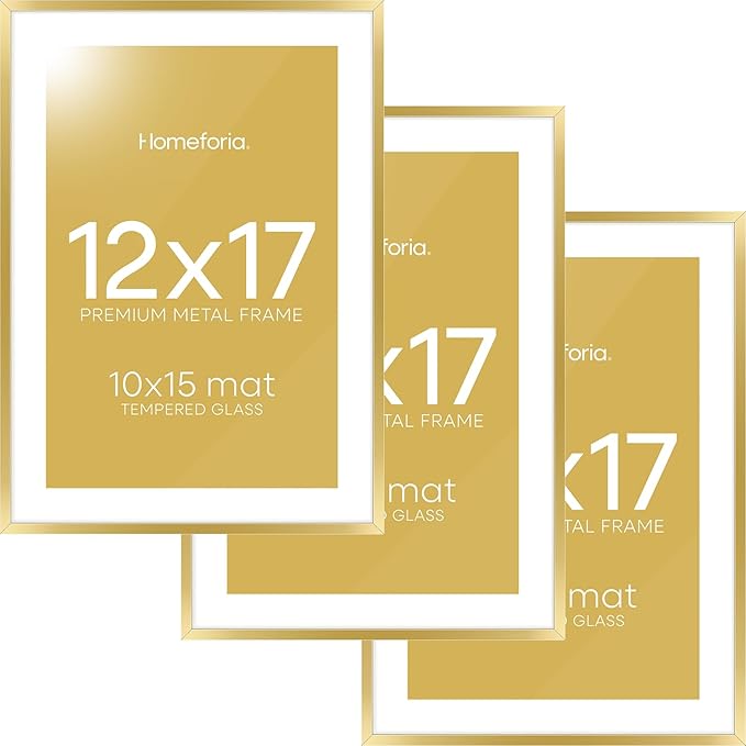 Homeforia 12x17 Picture Frame Gold, High End Metal 12x17 Poster Frames with Mat 10x15 Photo, 12 x 17 Gold Frame Matted to 10 by 15 Print, 17by12 Thin Hanging Frames, Tempered Glass, Wall Kit, Set of 3