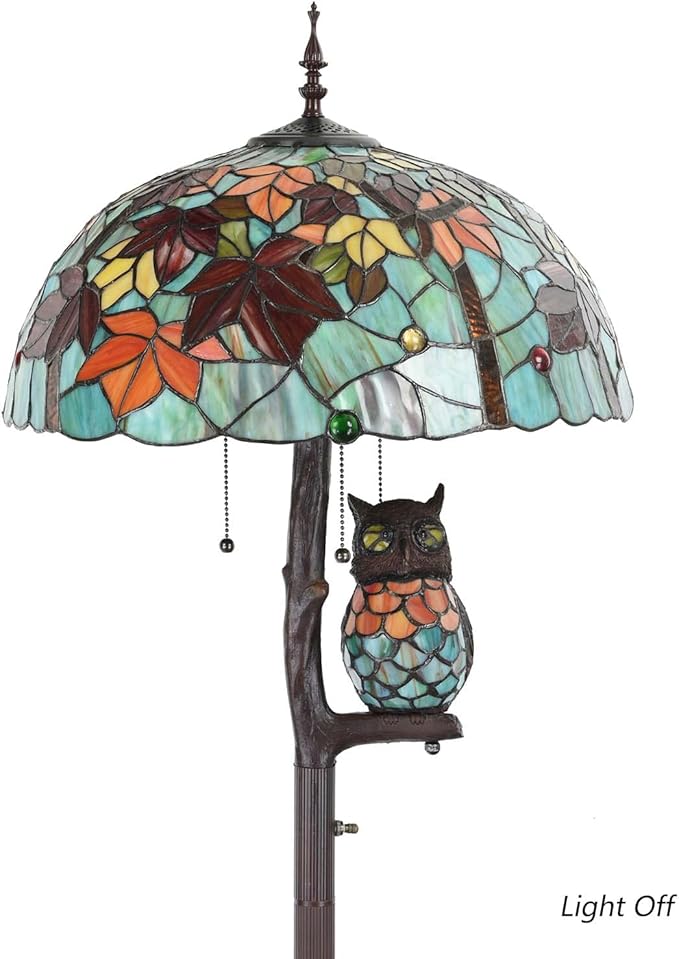 Bieye L10841 Maple Tree Leaves Tiffany Style Stained Glass Floor Lamp with 18 inches Wide Lampshade, Owl Side Lamp, 4-Light, 65 inches Tall