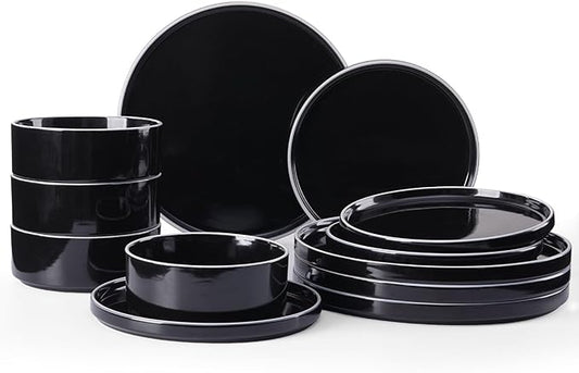 Famiware Nebula Plates and Bowls Sets for 4, 12 Pieces Stoneware Dinnerware Set, Microwave and Dishwasher Safe Dishes Set, Black with White Rim