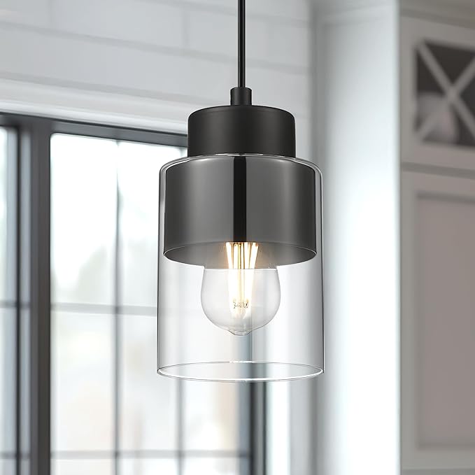 2-Pack Pendant Lights Kitchen Island, Dual Shade Hanging Lights Fixtures with Metal and Clear Glass, Modern Matte Black Kitchen Pendant Lighting Over Island for Dining Room, AD-24022-1P2-BK