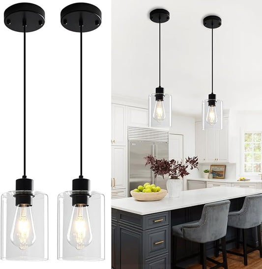 Glass Pendant Lights Kitchen Island 2 Pack, Black Kitchen Pendant Lighting Over Island, Hanging Light Fixtures Modern Pendant Lights for Hallway Entryway Bedroom Dining Room