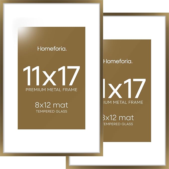 Homeforia 11x17 Bronze Picture Frame, High End Metal 11x17 Brass Poster Frames with Mat 8x12 for Photo, 11 x 17 Frame Matted to 8 by 12 inch Print, 17x11 Thin Frame, Tempered Glass, Wall Kit, Set of 2