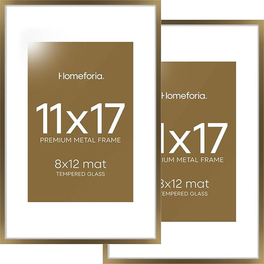 Homeforia 11x17 Bronze Picture Frame, High End Metal 11x17 Brass Poster Frames with Mat 8x12 for Photo, 11 x 17 Frame Matted to 8 by 12 inch Print, 17x11 Thin Frame, Tempered Glass, Wall Kit, Set of 2