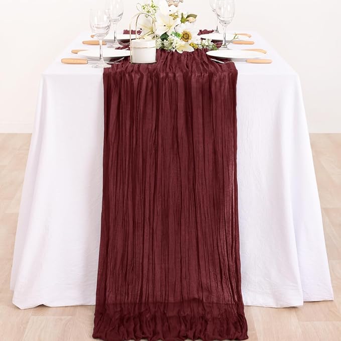 MLMC Burgundy Red Table Runner 10ft Rustic Gauze Wine Red Cheesecloth Table Runner Fall Cheese Cloth Centerpiece 35x120 Inches for Halloween Wedding Party Bridal Shower Anniversary Events Decor