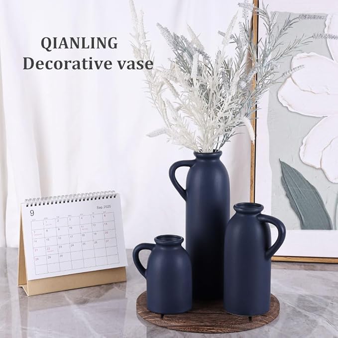 Blue Ceramic Vase with Handles Set - 3 Matte Blue Jug Vases, Farmhouse Country Flower Vase Home Decor, Living Room Decoration, Table Decoration, Fireplace Decor, and Entrance Decorations Centerpieces