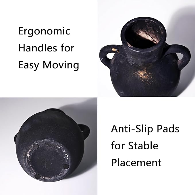 Ceramic Flower Vase,7.3 inch Tall Farmhouse Rustic Vase, Handcrafted Weathered Pottery Vases, Small Flower Terracotta Vases for Home Decor, Living Room Farmhouse Table Shelf Entrance(Black)