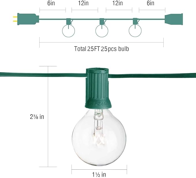 SUNSGNE 25Ft Christmas String Lights, G40 Globe String Light with 27 Clear Bulbs, UL Certified for Outdoor Indoor Garden Party Wedding Pergola Backyard Patio Xmas Decoration, Green Wire
