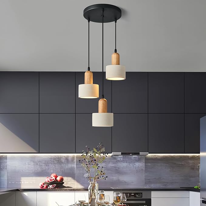 Modern Cement Pendant Lights White Chandelier Wooden Ceiling Lamps for Kitchen Island Bedroom Dining Room Living Room bar（Round 3-Light）