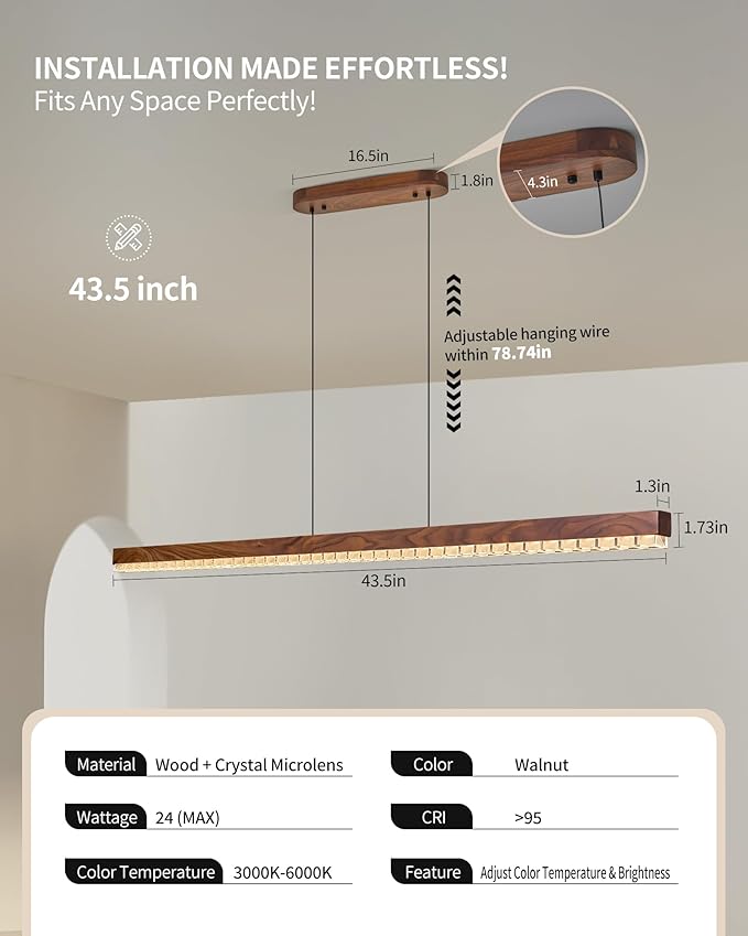 47" Wood Linear Pendant Light, Dimmable Kitchen Island Lighting with Remote, 30W LED Island Lights for Kitchen, Adjustable Linear Chandelier for Dinning Room Light Fixture,Pool Table Light - Walnut