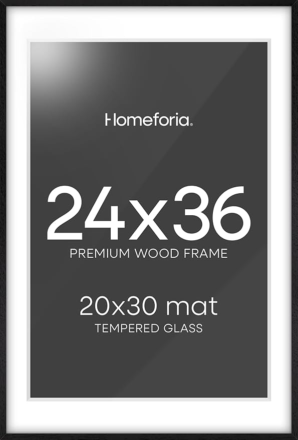 Homeforia 24x36 Black Wood Frame, High End Oak 24x36 Large Wooden Poster Frames with Mat 20x30 inch Photo, 24 x 36 Picture Frame Matted to 20 x 30, 36x24 Thin Frame, Tempered Glass, Wall Kit, Set of 1