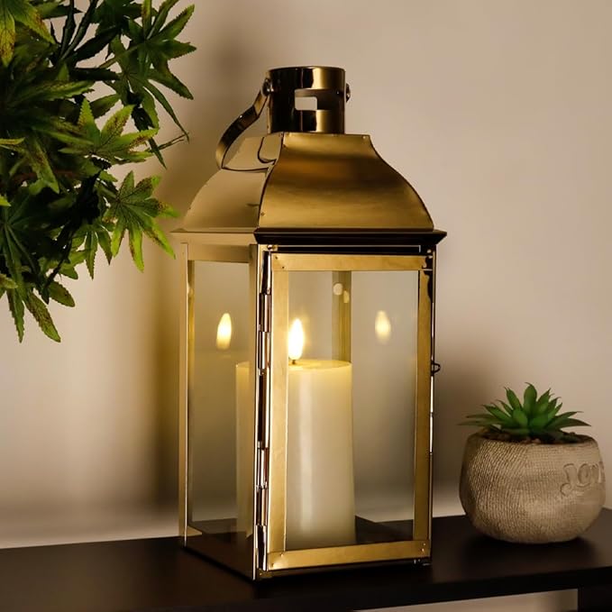JHY DESIGN 15" H Stainless Steel Decorative Candle Lanterns with Tempered Glass Vintage Elegance for Indoor Outdoor Events Parties and Weddings(Gold)