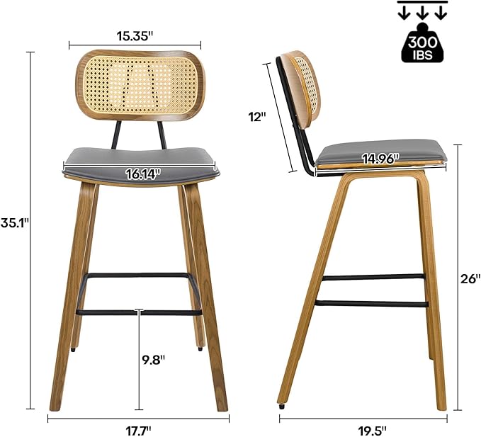 Counter Height Bar Stools Set of 2, Mid Century Modern Counter Stools, 26" Wood Kitchen Stool PU Leather Upholstered Barstools with Rattan Back, Counter Height Island Dining Bar Chair,Grey