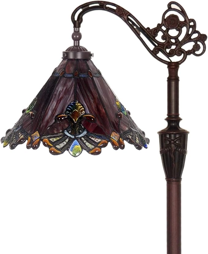 Bieye L10681 Baroque Tiffany Style Stained Glass Reading Floor Lamp with 13 Inch Wide Handmade Lampshade, Metal Base with Dark Brown Baking Finish, Red, 65 Inch Tall