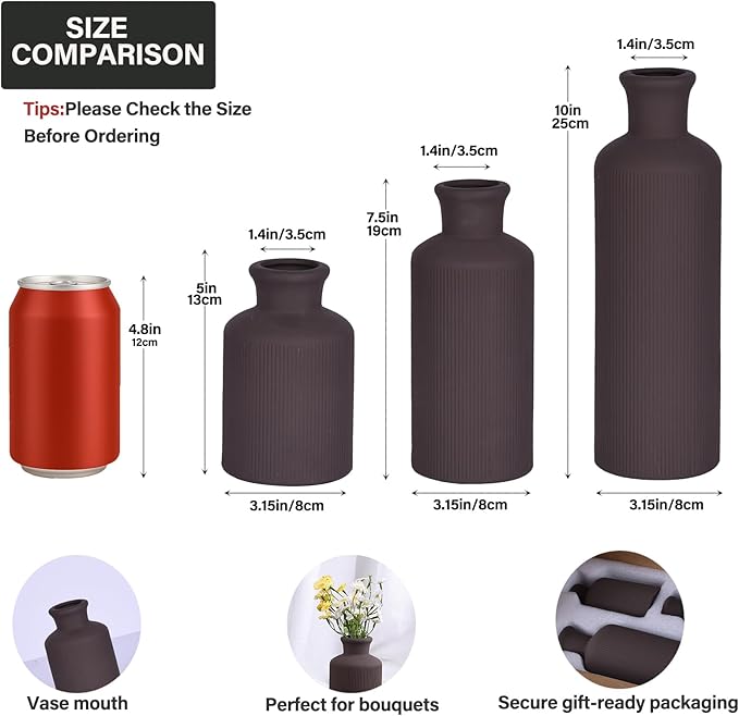 Brown Ceramic Vase Set of 3 – Small Flower Vases, Modern Farmhouse Boho Flower Vases for Home Decor, Rustic Pottery Vases for Centerpieces, Living Room, Shelf, Fireplace, Entryway Decor, Table