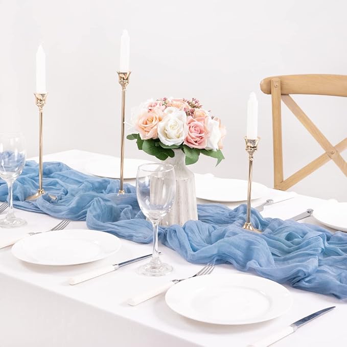 MLMC 12 Pack Dusty Blue Table Runner 10ft Boho Gauze Cheesecloth Fall Table Runner 35x120 Inches Rustic Cheese Cloth Centerpiece for Wedding Bridal Shower Baby Shower Party Decor